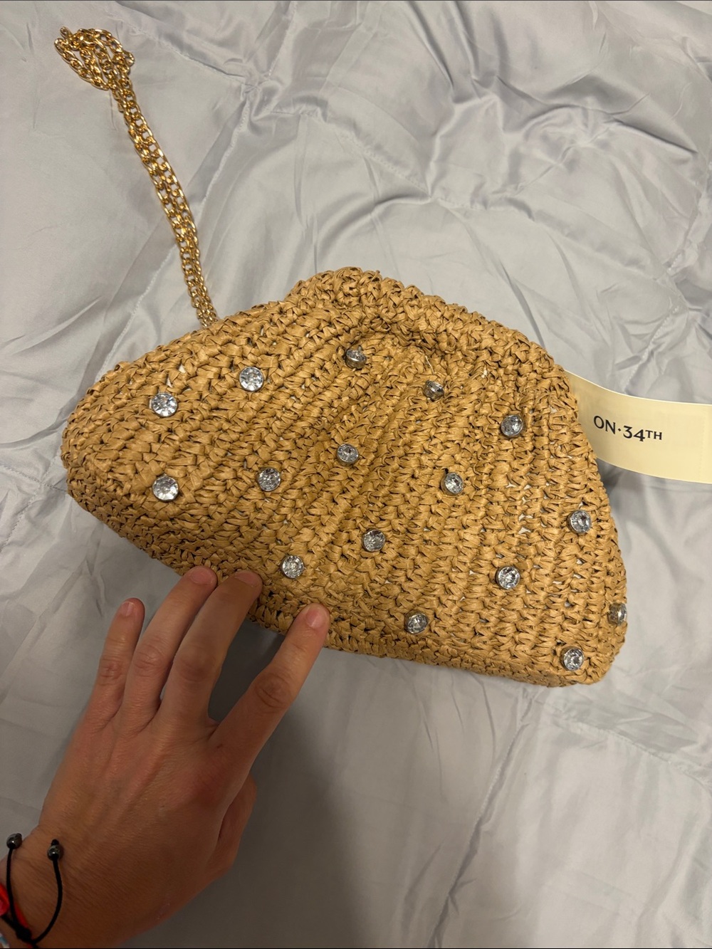On-34th Tan Woven Crystal-Embellished Wristlet